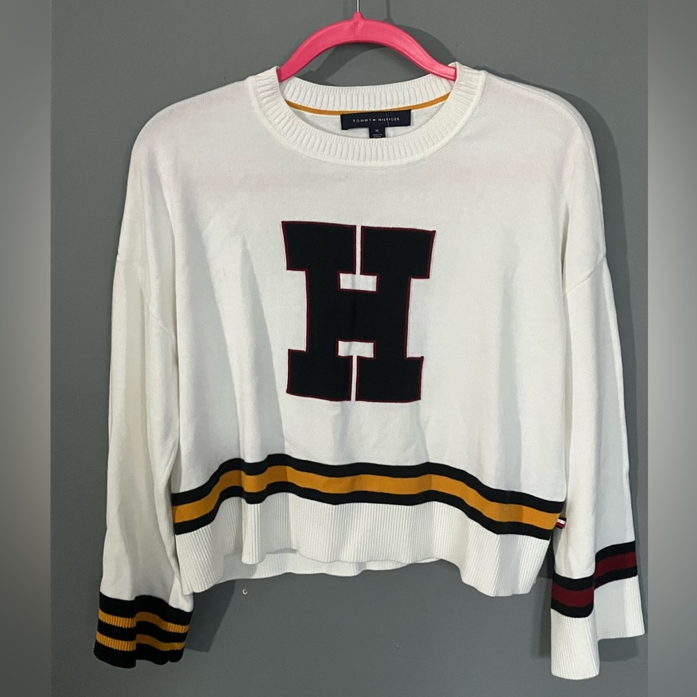 Tommy Hilfiger Woman’s Cropped Sweater Pullover Big H White Long Sleeve MEDIUM
